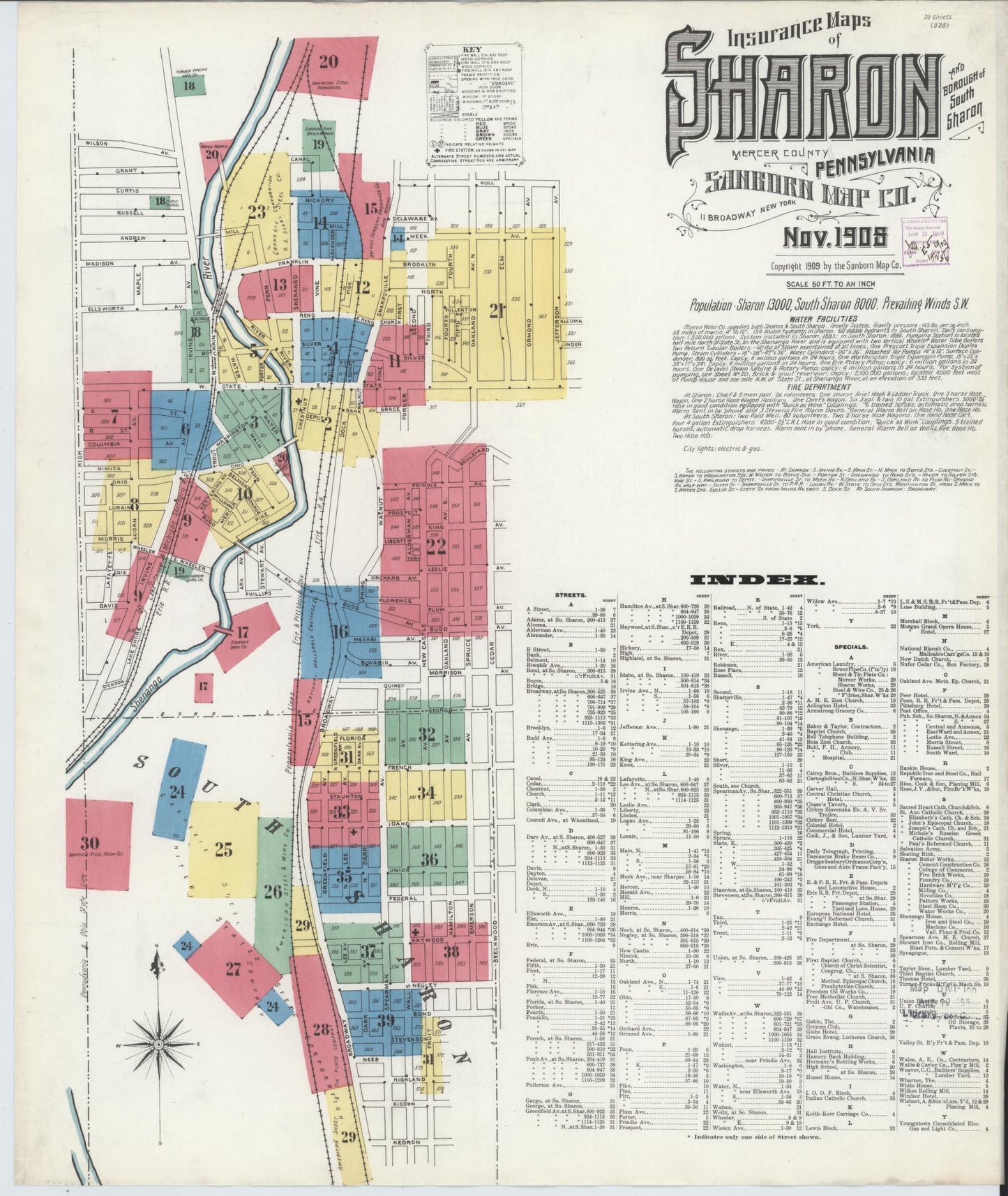 Sanborn Fire Insurance Map from Sharon, Mercer County, Pennsylvania (1908), Sheet #0001 - Complete Map Set gallery image, historic Sanborn map, vintage wall art, Pennsylvania Pennsylvania