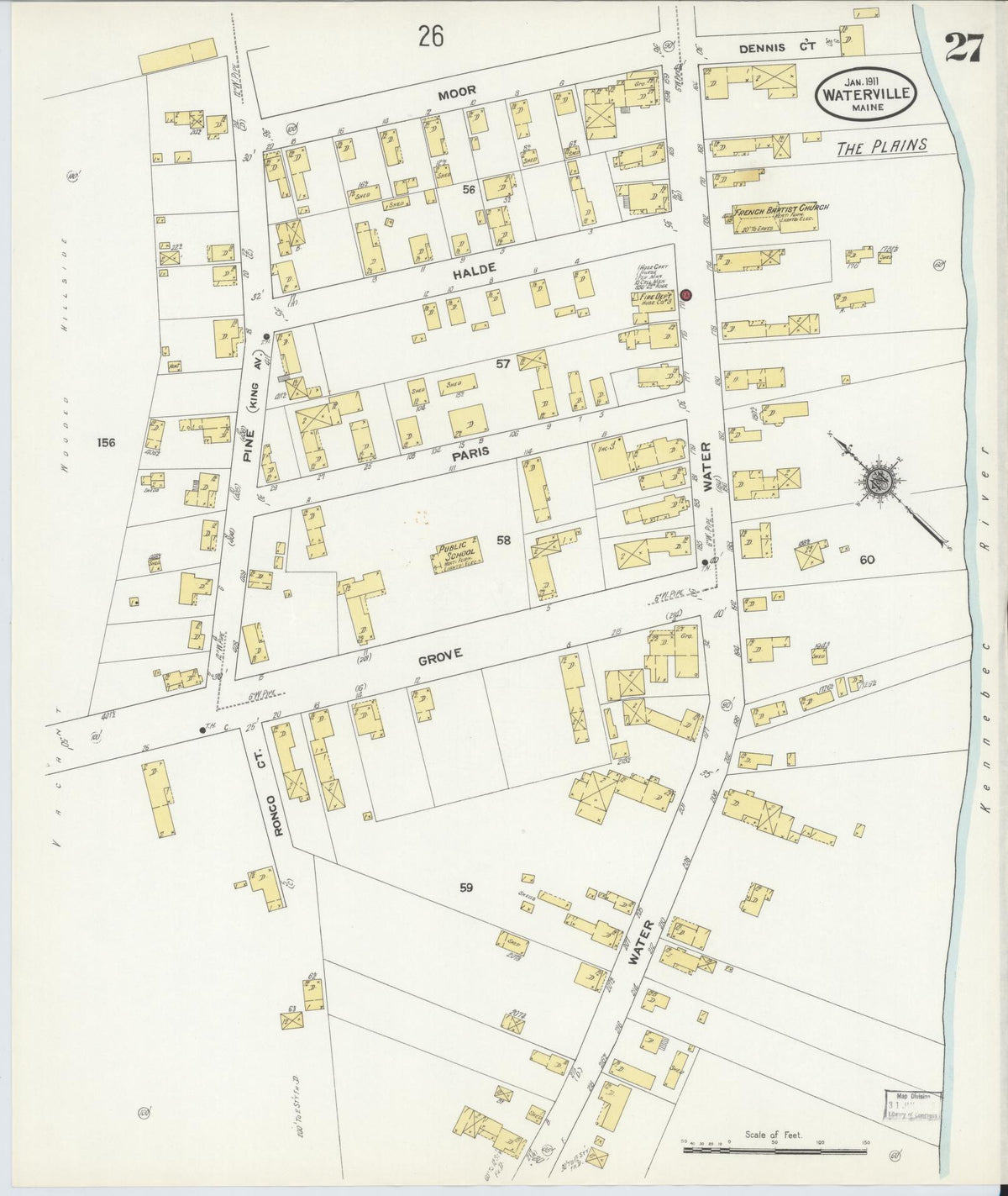 Sanborn Fire Insurance Map from Waterville, Kennebec County, Maine (1911), Sheet #0027 - Historic Sanborn Fire Insurance Map Print, vintage old map wall art, antique decor, genealogy gift, Maine Maine map
