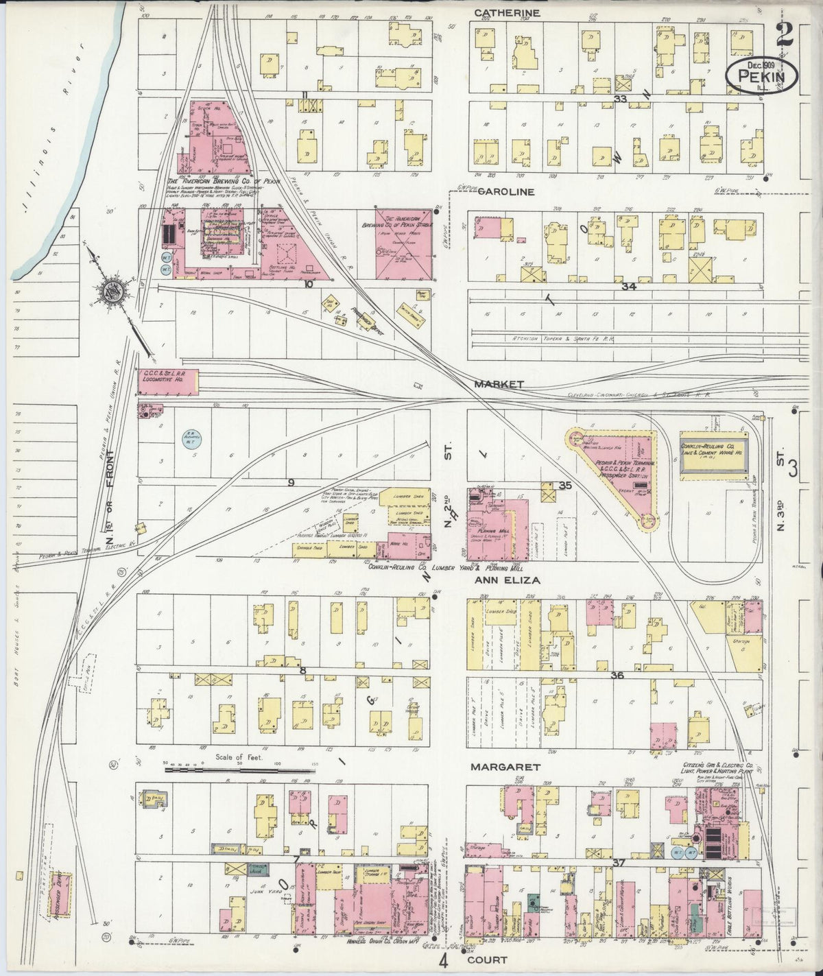 Sanborn Fire Insurance Map from Pekin, Tazewell County, Illinois (1909), Sheet #0002 - Historic Sanborn Fire Insurance Map Print, vintage old map wall art, antique decor, genealogy gift, Illinois Illinois map