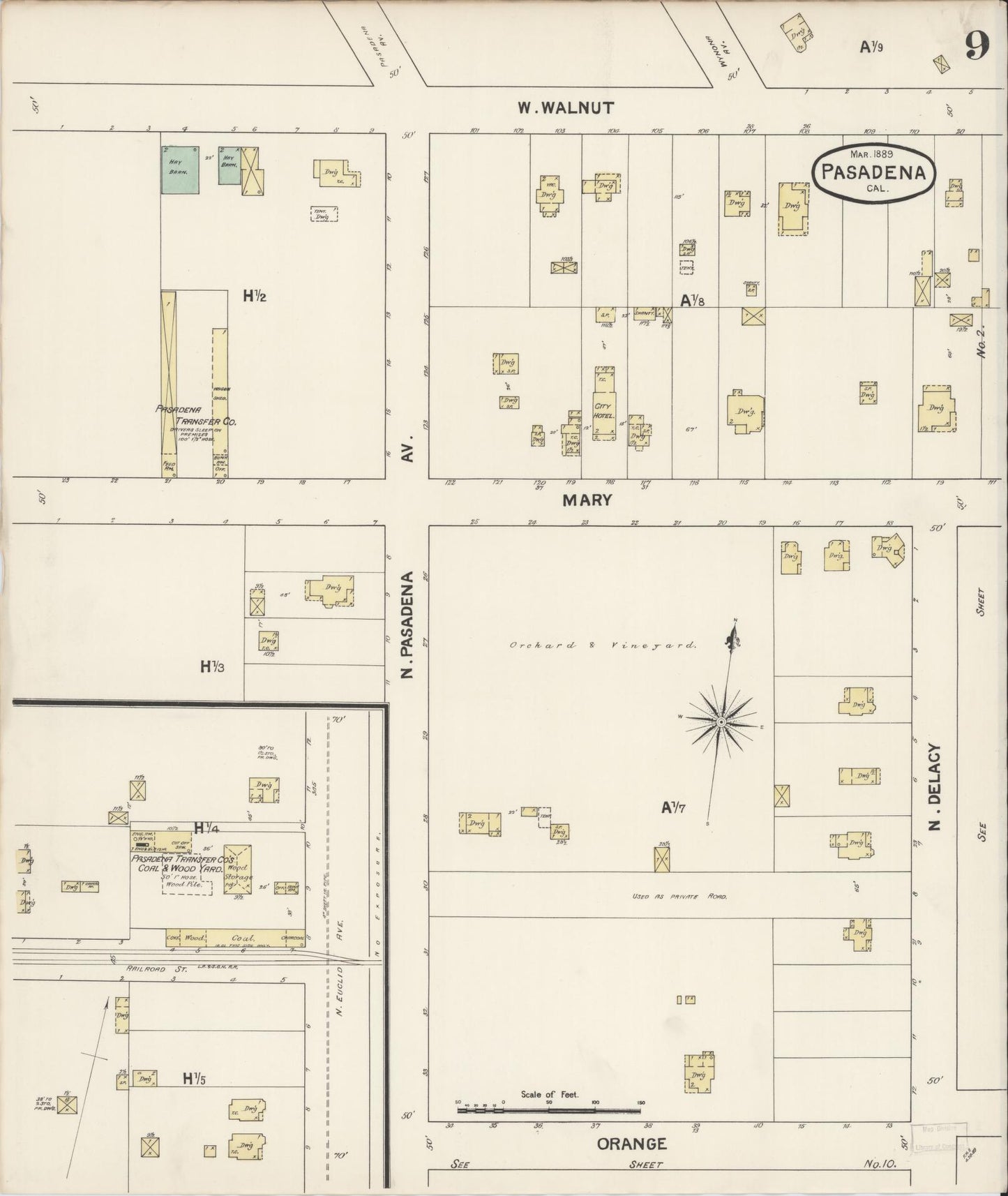 Sanborn Fire Insurance Map from Pasadena, Los Angeles County, California (1889), Sheet #0009 - Complete Map Set gallery image, historic Sanborn map, vintage wall art, California California