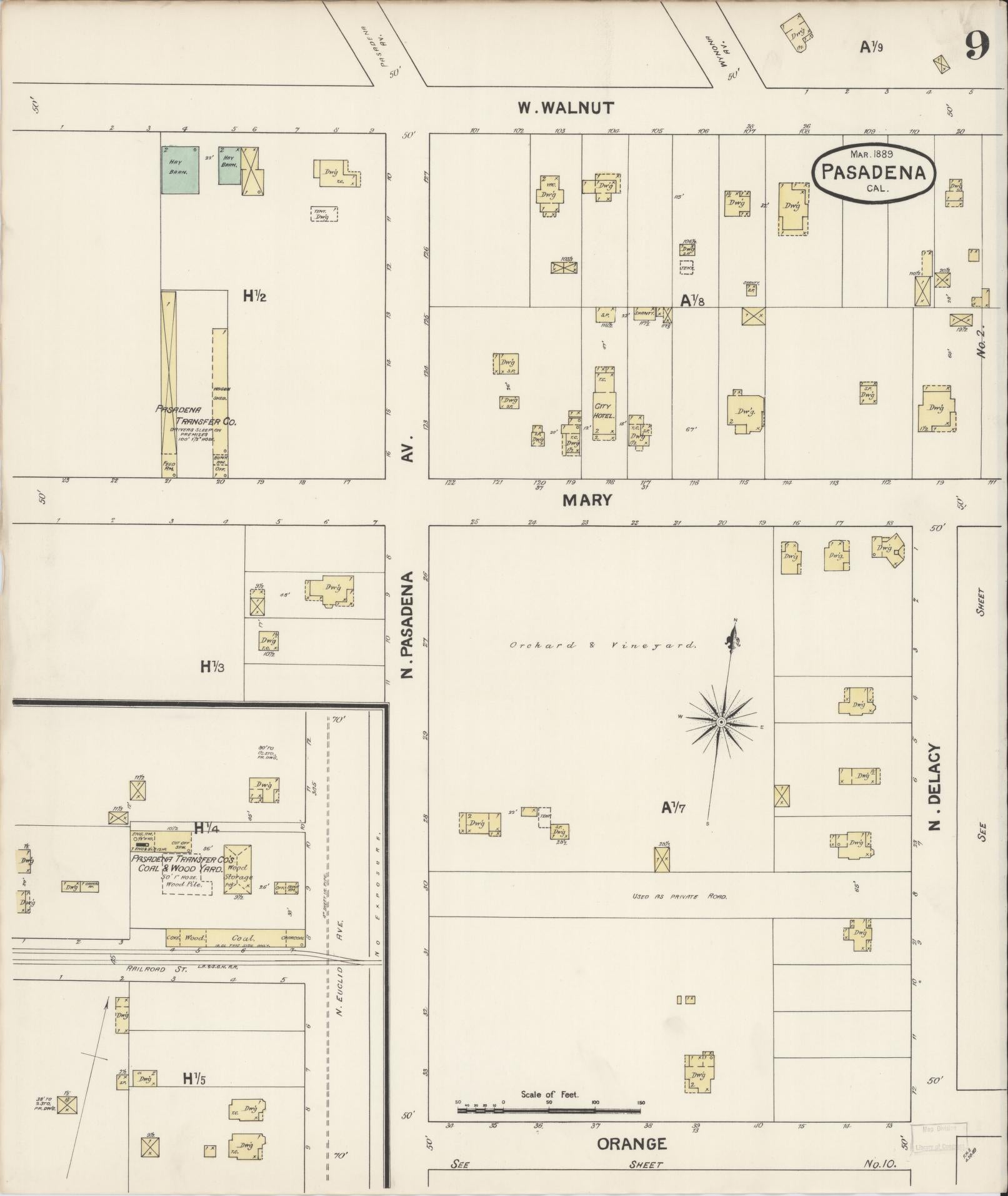 Sanborn Fire Insurance Map from Pasadena, Los Angeles County, California (1889), Sheet #0009 - Complete Map Set gallery image, historic Sanborn map, vintage wall art, California California