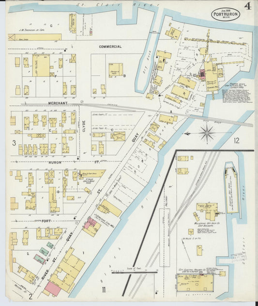 Sanborn Fire Insurance Map from Port Huron, Saint Clair County, Michigan (1898), Sheet #0004 - Historic Sanborn Fire Insurance Map Print, vintage old map wall art, antique decor, genealogy gift, Michigan Michigan map