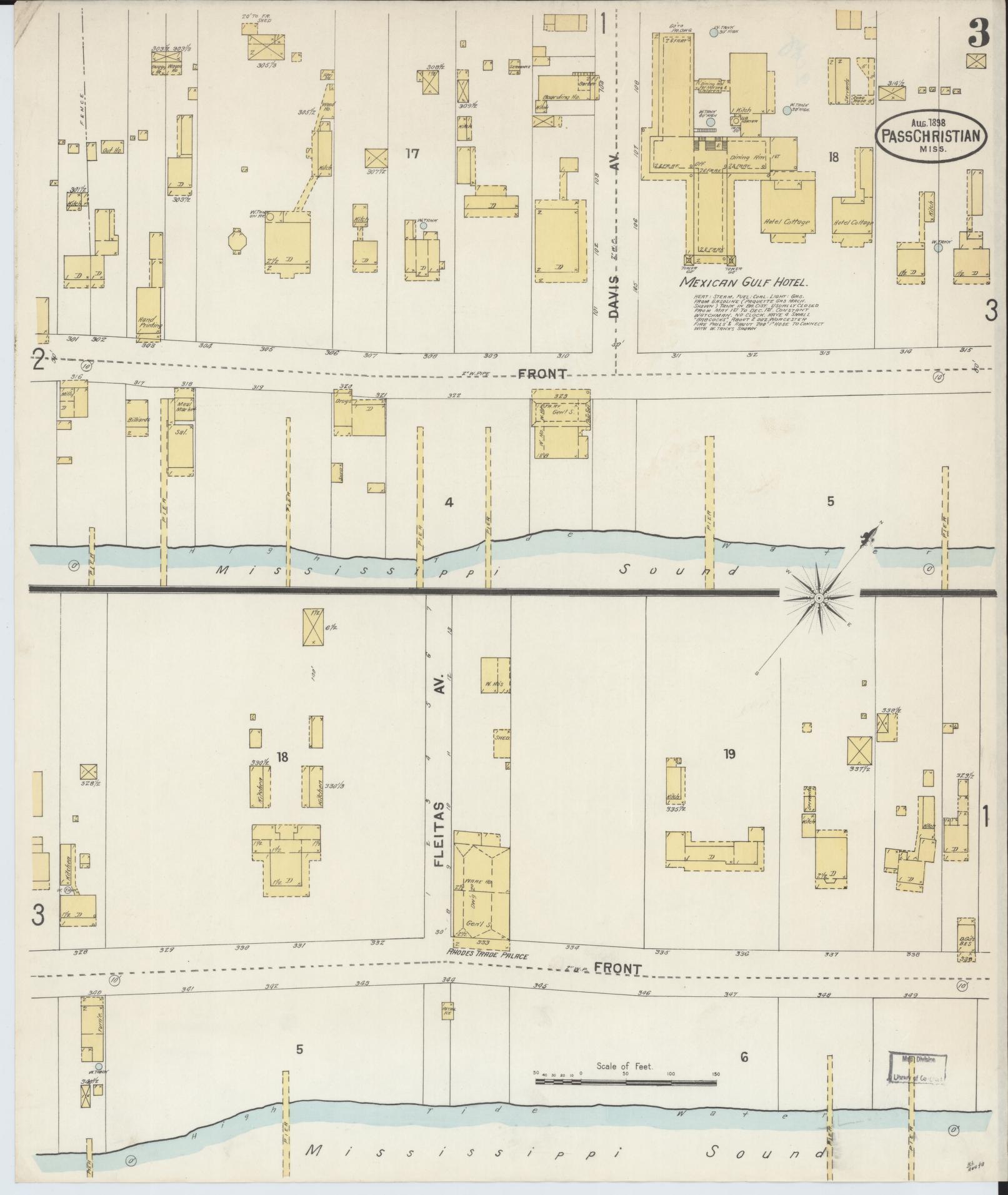 Sanborn Fire Insurance Map from Pass Christian, Harrison County, Mississippi (1898), Sheet #0003 - Historic Sanborn Fire Insurance Map Print, vintage old map wall art, antique decor, genealogy gift, Mississippi Mississippi map