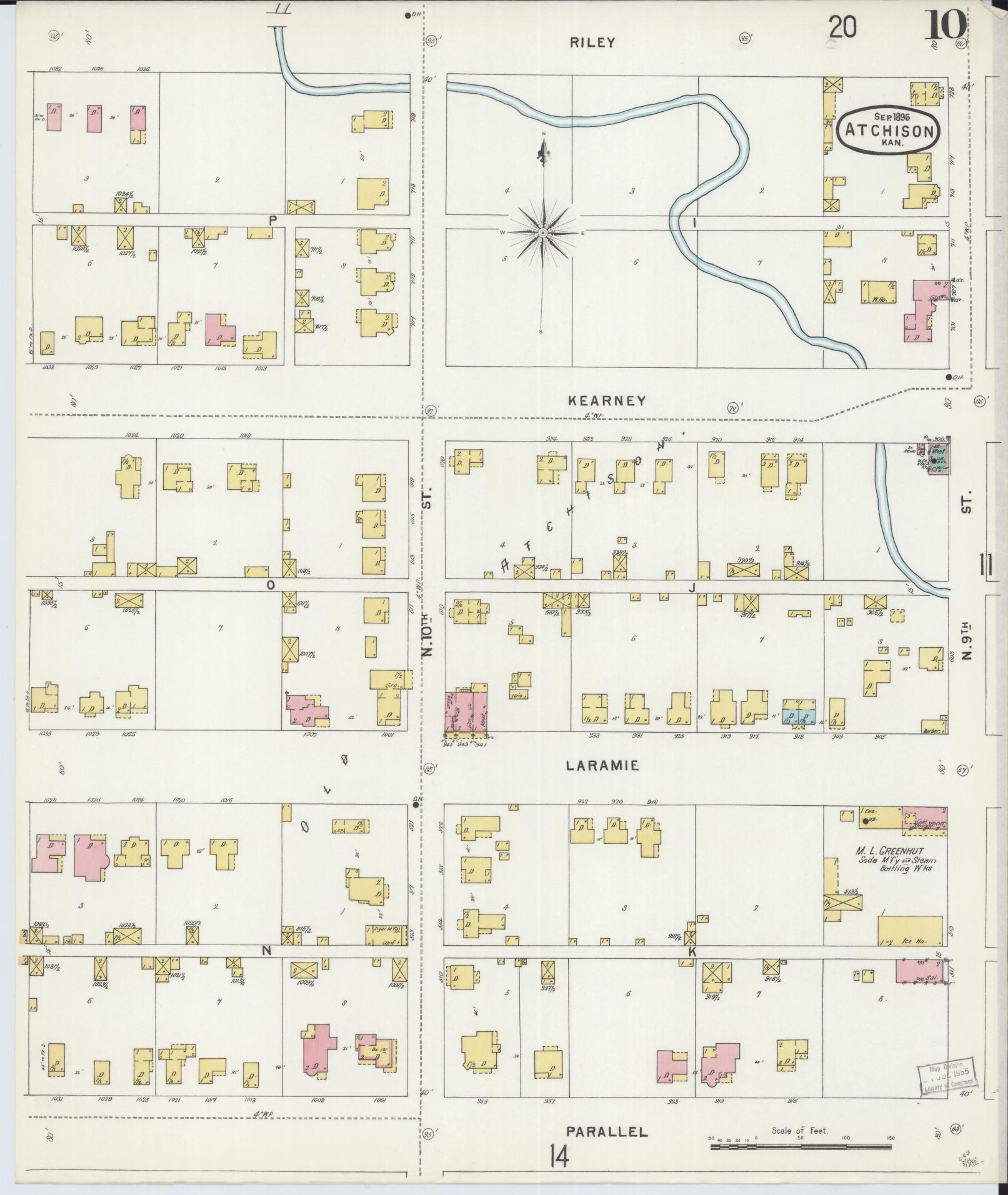 Sanborn Fire Insurance Map from Atchison, Atchison County, Kansas (1896), Sheet #0010 - Historic Sanborn Fire Insurance Map Print, vintage old map wall art, antique decor, genealogy gift, Kansas Kansas map