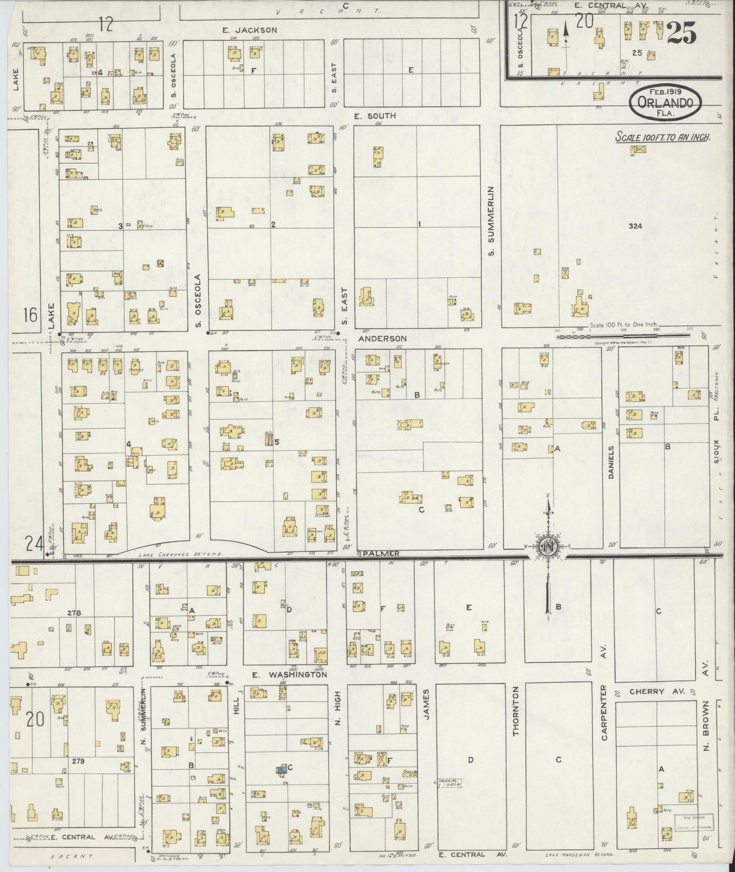 Sanborn Fire Insurance Map from Orlando, Orange County, Florida (1919), Sheet #0025 - Complete Map Set gallery image, historic Sanborn map, vintage wall art, Florida Florida