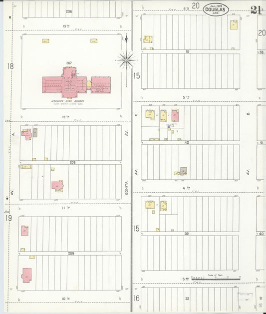 Sanborn Fire Insurance Map from Douglas, Cochise County, Arizona (1909), Sheet #0021 - Historic Sanborn Fire Insurance Map Print, vintage old map wall art, antique decor, genealogy gift, Arizona Arizona map
