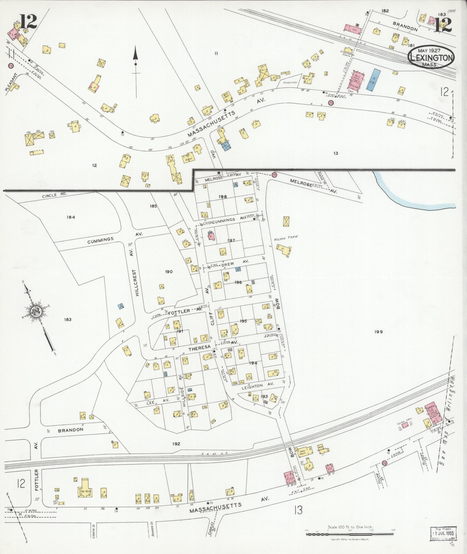 Sanborn Fire Insurance Map from Lexington, Middlesex County, Massachusetts (1927), Sheet #0012 - Historic Sanborn Fire Insurance Map Print, vintage old map wall art, antique decor, genealogy gift, Massachusetts Massachusetts map