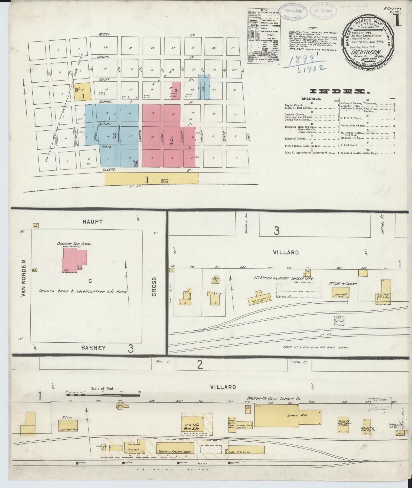 Sanborn Fire Insurance Map from Dickinson, Stark County, North Dakota (1898), Sheet #0001 - Historic Sanborn Fire Insurance Map Print, vintage old map wall art, antique decor, genealogy gift, North Dakota North Dakota map
