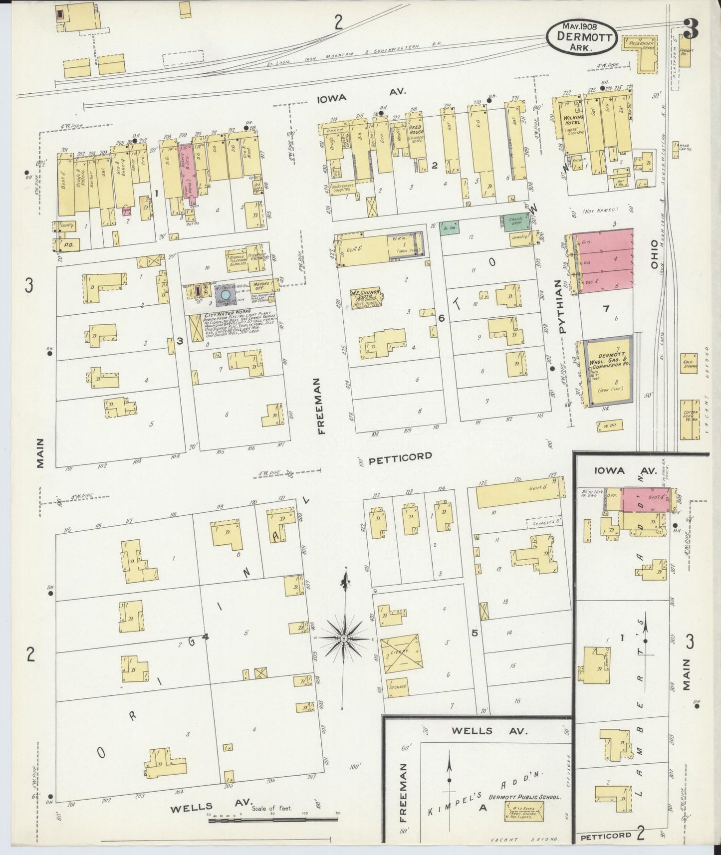 Sanborn Fire Insurance Map from Dermott, Chicot County, Arkansas (1908), Sheet #0003 - Historic Sanborn Fire Insurance Map Print, vintage old map wall art, antique decor, genealogy gift, Arkansas Arkansas map