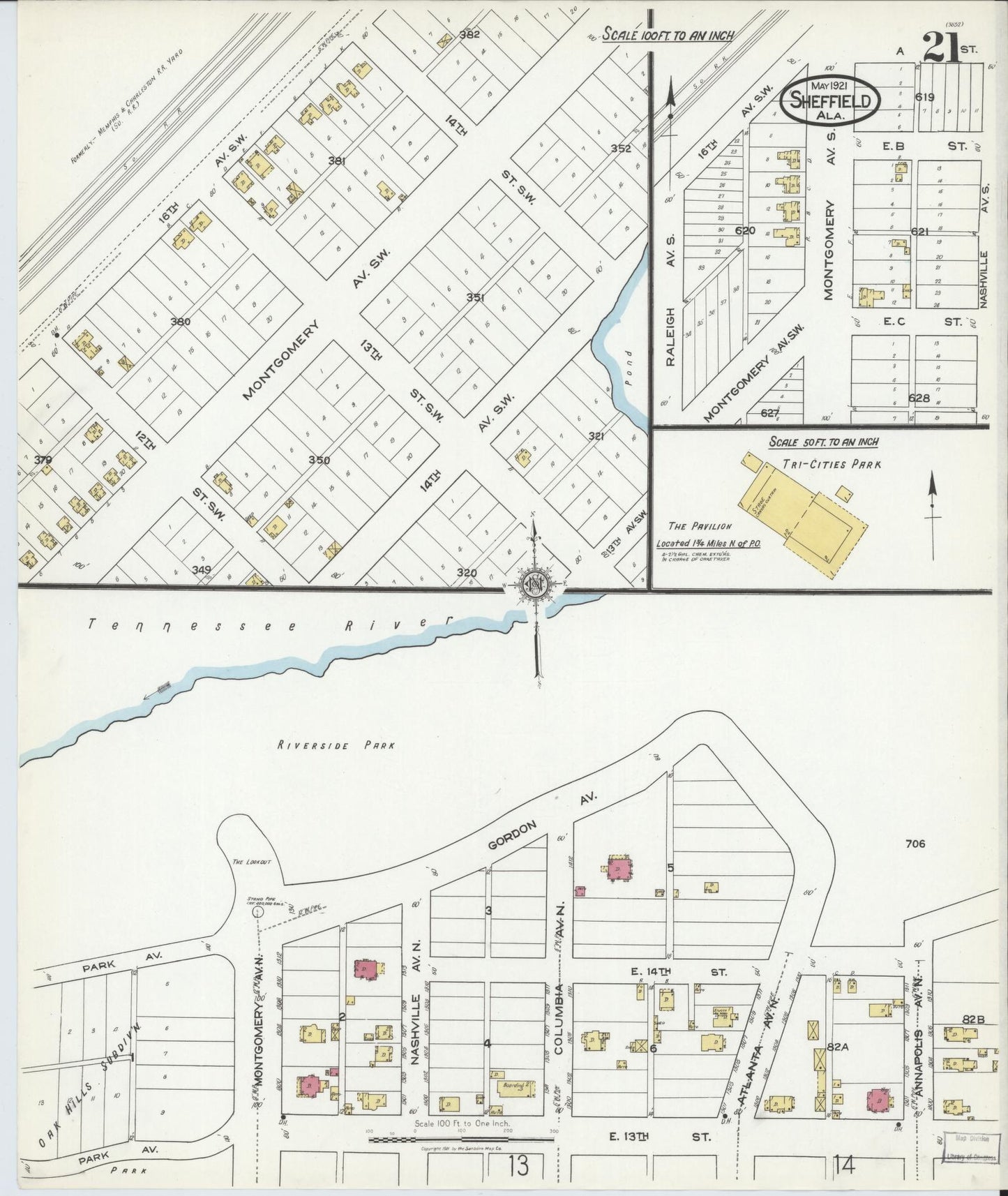Sanborn Fire Insurance Map from Sheffield, Colbert County, Alabama (1921), Sheet #0021 - Historic Sanborn Fire Insurance Map Print, vintage old map wall art, antique decor, genealogy gift, Alabama Alabama map