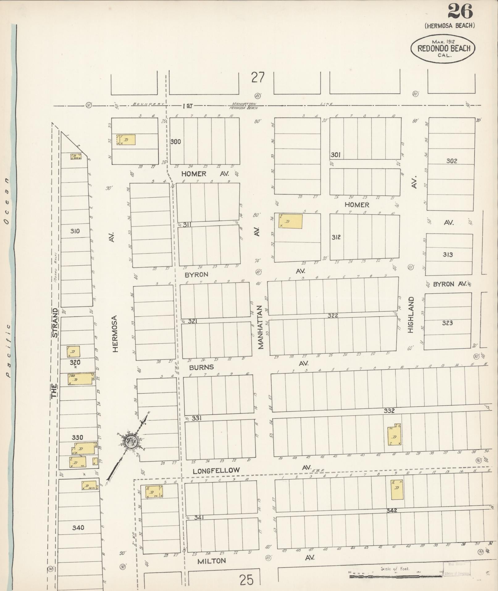 Sanborn Fire Insurance Map from Redondo Beach, Los Angeles County, California (1912), Sheet #0026 - Complete Map Set gallery image, historic Sanborn map, vintage wall art, California California