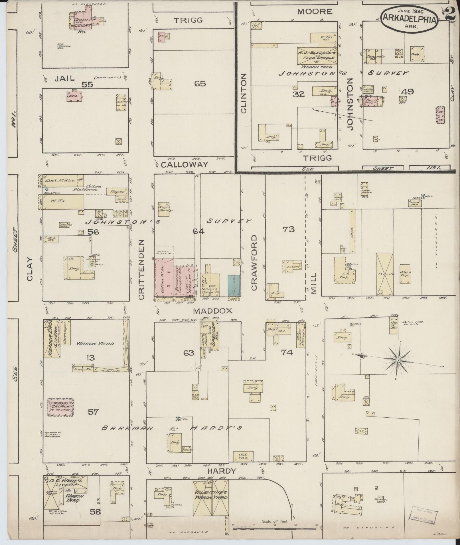 Sanborn Fire Insurance Map from Arkadelphia, Clark County, Arkansas (1886), Sheet #0002 - Historic Sanborn Fire Insurance Map Print, vintage old map wall art, antique decor, genealogy gift, Arkansas Arkansas map