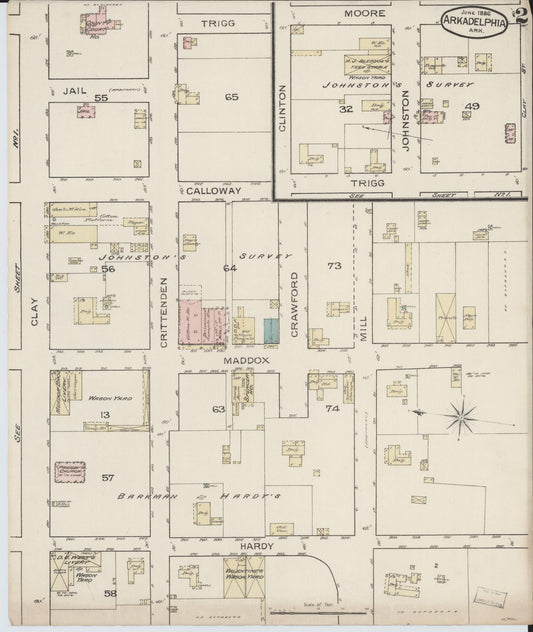 Sanborn Fire Insurance Map from Arkadelphia, Clark County, Arkansas (1886), Sheet #0002 - Historic Sanborn Fire Insurance Map Print, vintage old map wall art, antique decor, genealogy gift, Arkansas Arkansas map