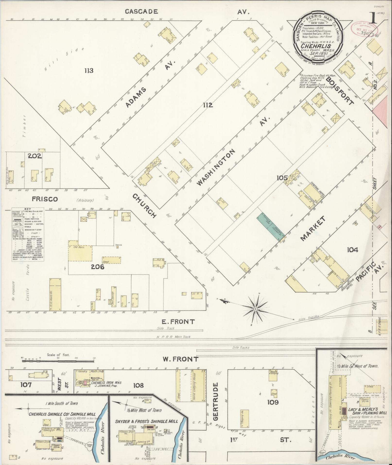Sanborn Fire Insurance Map from Chehalis, Lewis County, Washington (1891), Sheet #0001 - Complete Map Set gallery image, historic Sanborn map, vintage wall art, Washington Washington