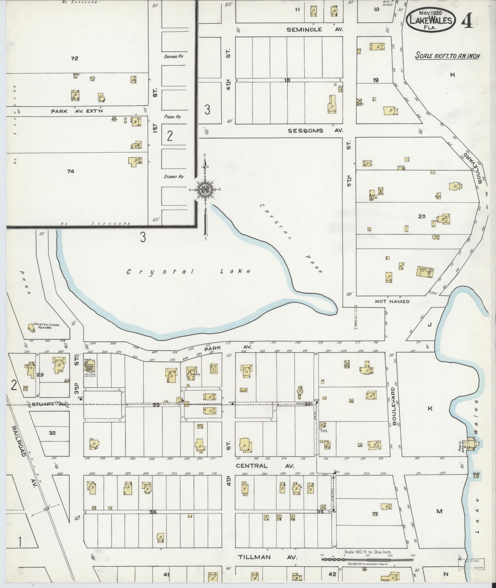 Sanborn Fire Insurance Map from Lake Wales, Polk County, Florida (1920), Sheet #0004 - Complete Map Set gallery image, historic Sanborn map, vintage wall art, Florida Florida