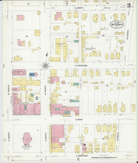Sanborn Fire Insurance Map from Mount Vernon, Jefferson County, Illinois (1908), Sheet #0003 - Historic Sanborn Fire Insurance Map Print, vintage old map wall art, antique decor, genealogy gift, Illinois Illinois map