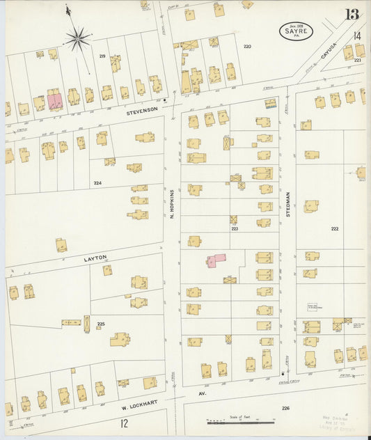 Sanborn Fire Insurance Map from Sayre, Bradford County, Pennsylvania (1909), Sheet #0013 - Historic Sanborn Fire Insurance Map Print, vintage old map wall art, antique decor, genealogy gift, Pennsylvania Pennsylvania map