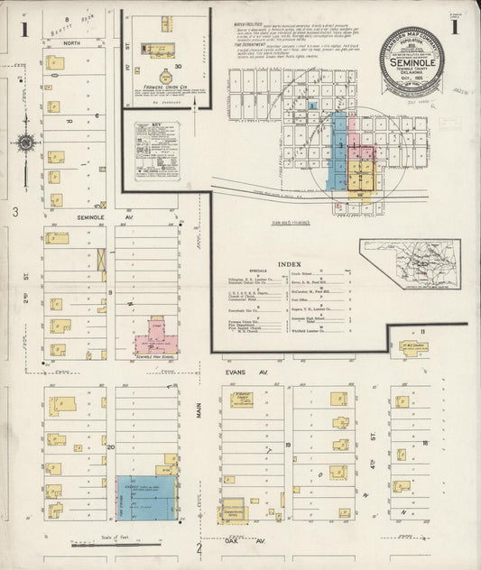 Sanborn Fire Insurance Map from Seminole, Seminole County, Oklahoma (1925), Sheet #0001 - Historic Sanborn Fire Insurance Map Print, vintage old map wall art, antique decor, genealogy gift, Oklahoma Oklahoma map