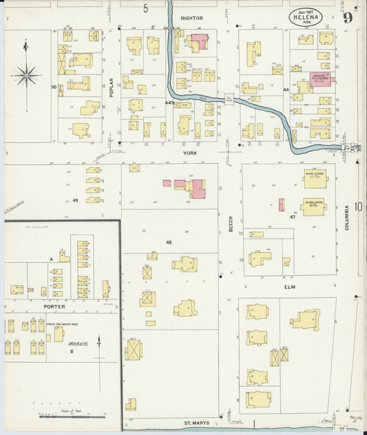 Sanborn Fire Insurance Map from Helena, Phillips County, Arkansas (1907), Sheet #0009 - Historic Sanborn Fire Insurance Map Print, vintage old map wall art, antique decor, genealogy gift, Arkansas Arkansas map