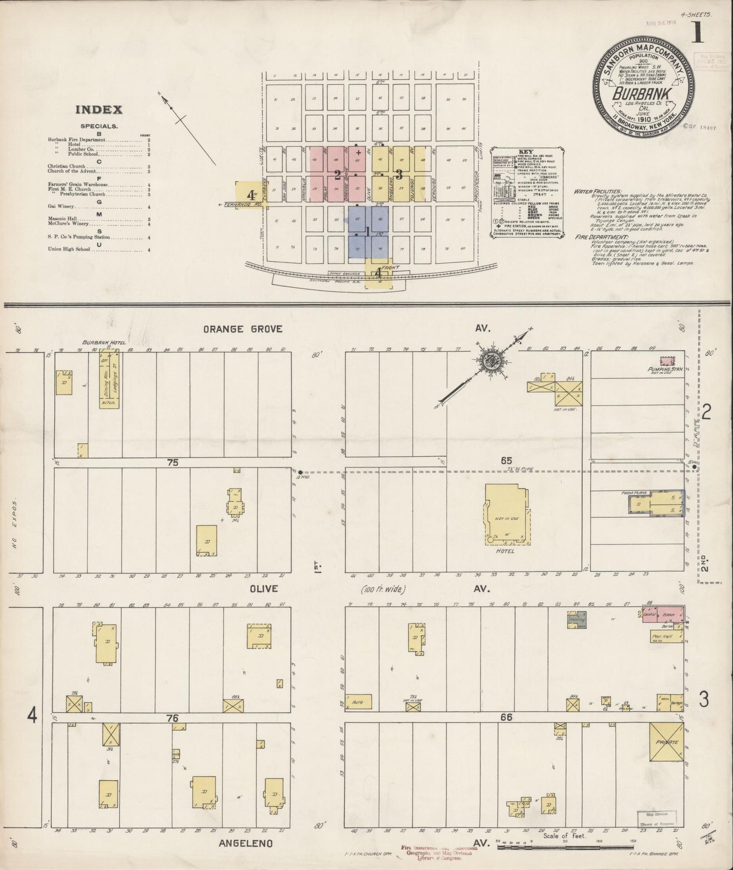 Sanborn Fire Insurance Map from Burbank, Los Angeles County, California (1910), Sheet #0001 - Historic Sanborn Fire Insurance Map Print, vintage old map wall art, antique decor, genealogy gift, California California map