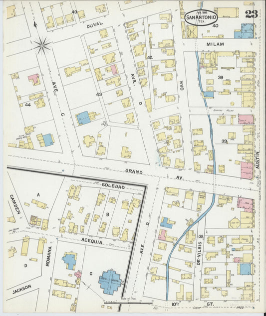 Sanborn Fire Insurance Map from San Antonio, Bexar County, Texas (1892), Sheet #0023 - Historic Sanborn Fire Insurance Map Print, vintage old map wall art, antique decor, genealogy gift, Texas Texas map