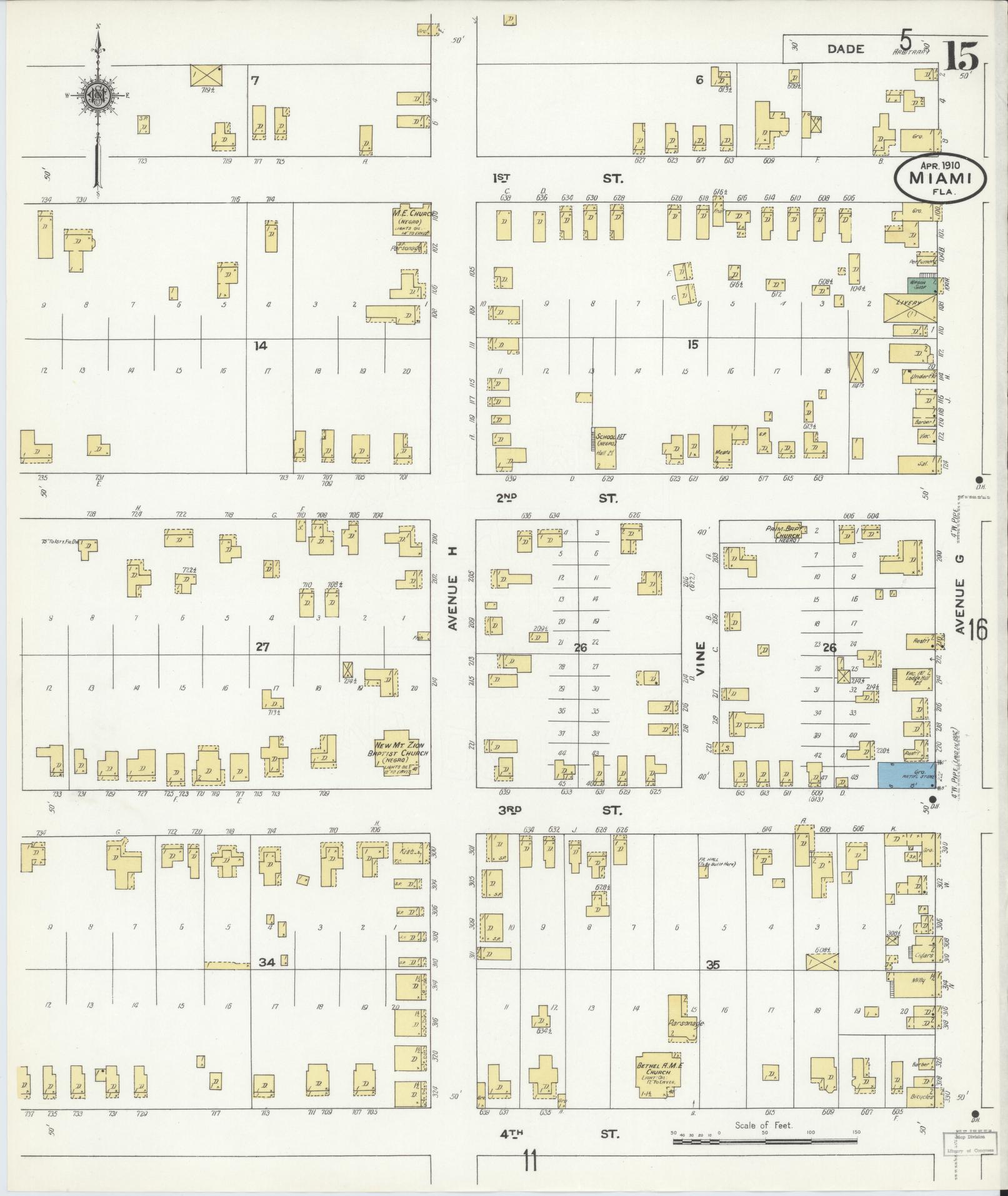 Sanborn Fire Insurance Map from Miami, Dade County, Florida (1910), Sheet #0015 - Complete Map Set gallery image, historic Sanborn map, vintage wall art, Florida Florida