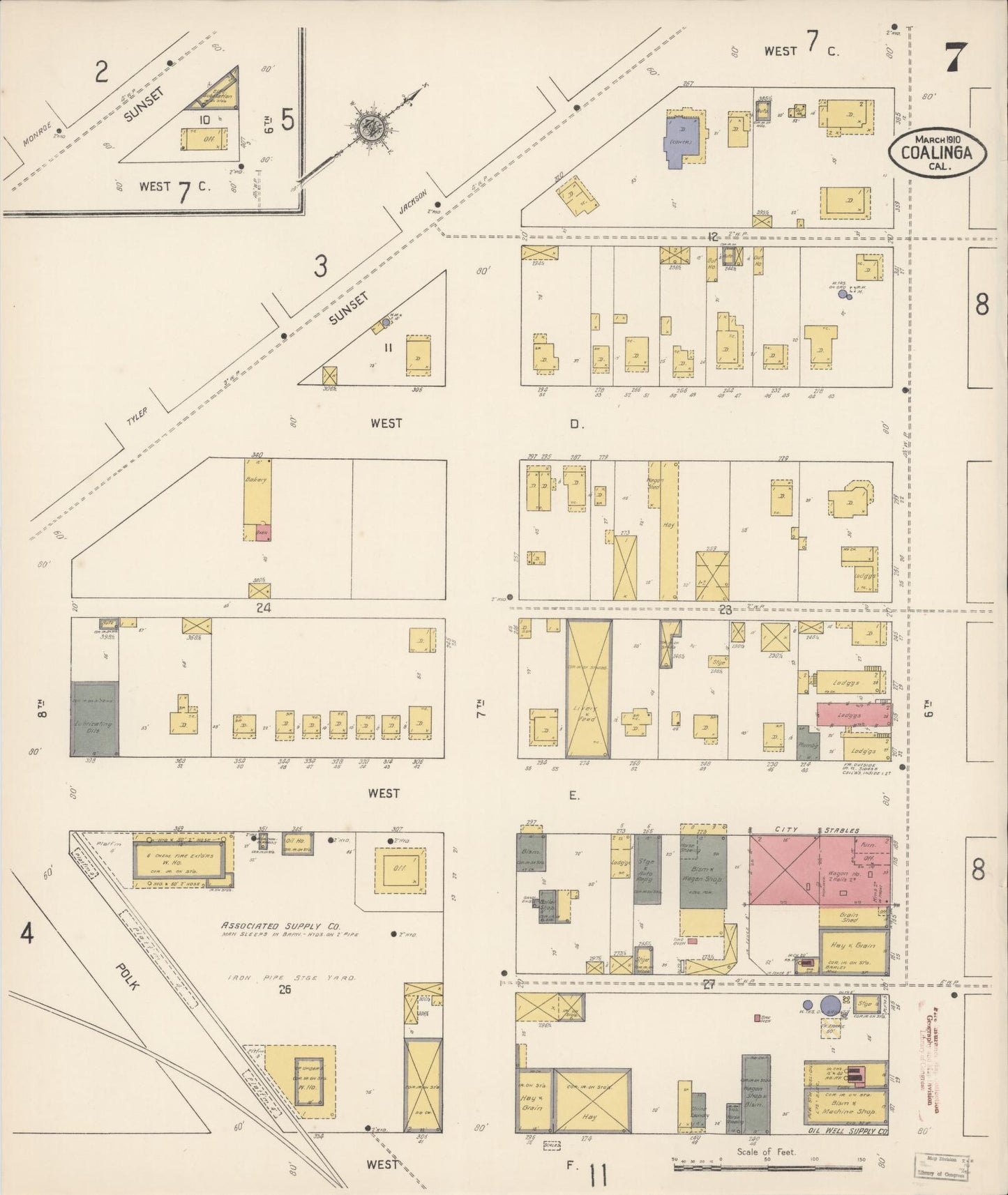 Sanborn Fire Insurance Map from Coalinga, Fresno County, California (1910), Sheet #0007 - Historic Sanborn Fire Insurance Map Print, vintage old map wall art, antique decor, genealogy gift, California California map