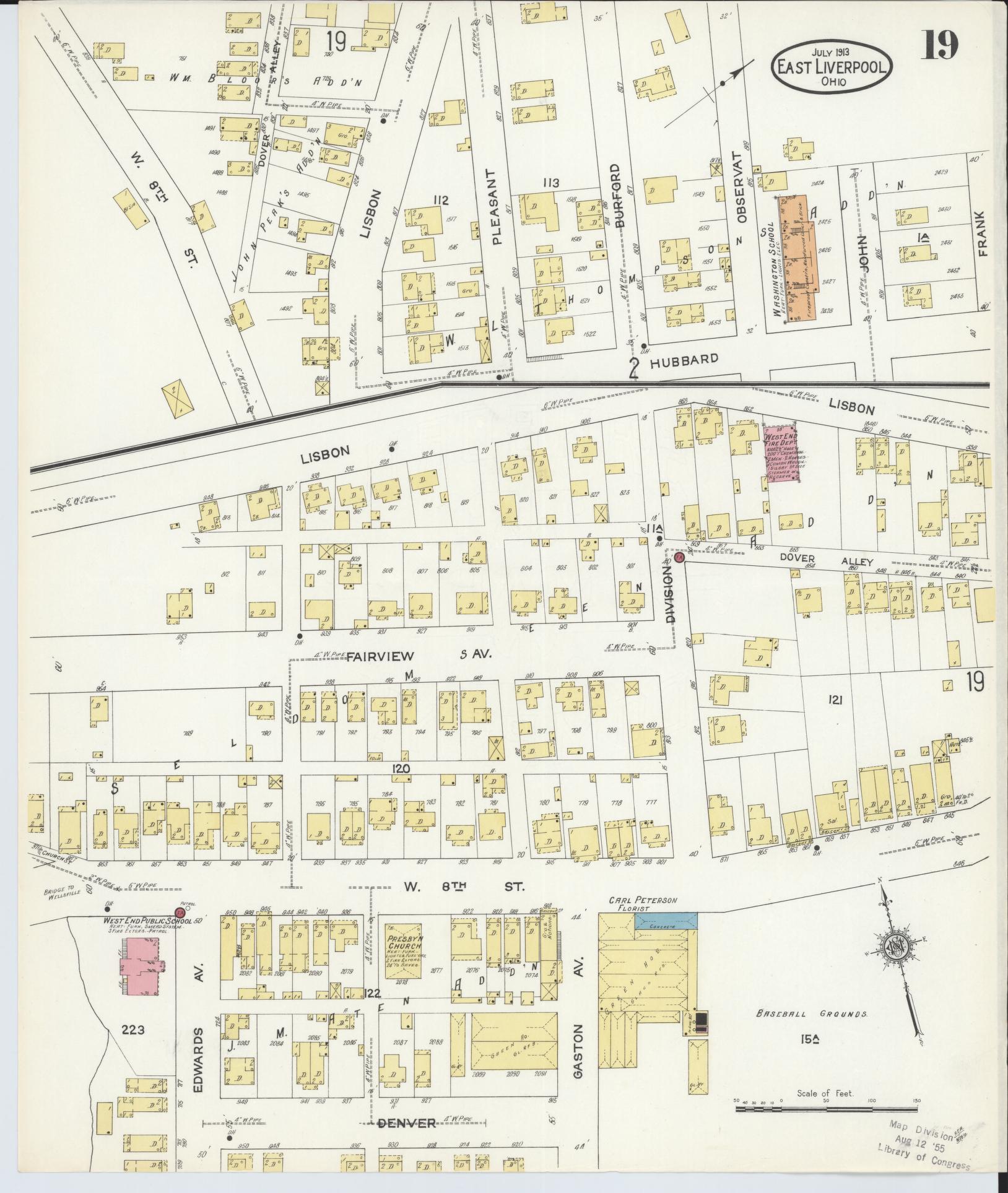 Sanborn Fire Insurance Map from East Liverpool, Columbiana County, Ohio (1913), Sheet #0019 - Historic Sanborn Fire Insurance Map Print, vintage old map wall art, antique decor, genealogy gift, Ohio Ohio map