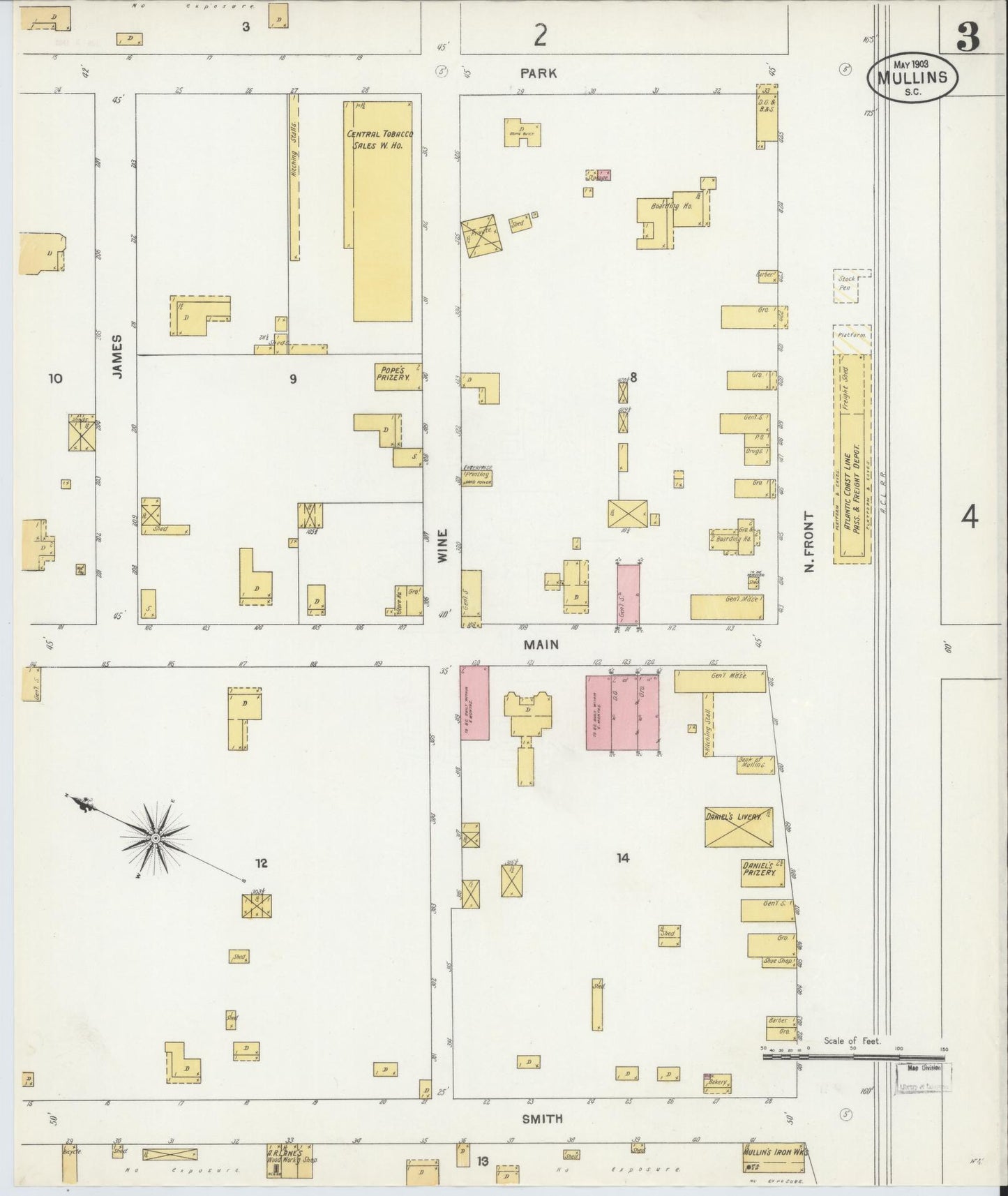 Sanborn Fire Insurance Map from Mullins, Marion County, South Carolina (1903), Sheet #0003 - Complete Map Set gallery image, historic Sanborn map, vintage wall art, South Carolina South Carolina