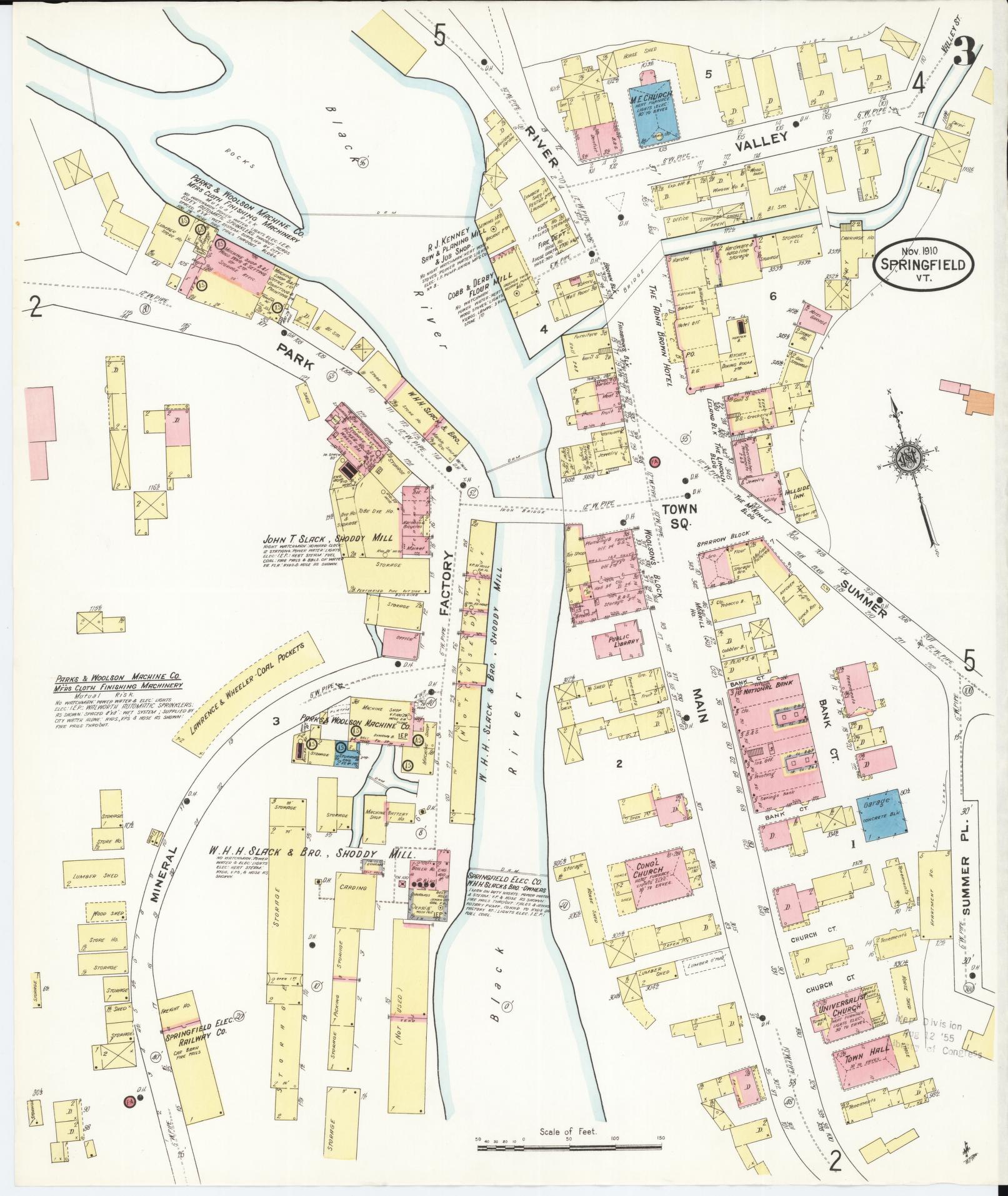 Sanborn Fire Insurance Map from Springfield, Windsor County, Vermont (1910), Sheet #0003 - Historic Sanborn Fire Insurance Map Print, vintage old map wall art, antique decor, genealogy gift, Vermont Vermont map