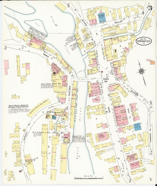 Sanborn Fire Insurance Map from Springfield, Windsor County, Vermont (1910), Sheet #0003 - Historic Sanborn Fire Insurance Map Print, vintage old map wall art, antique decor, genealogy gift, Vermont Vermont map