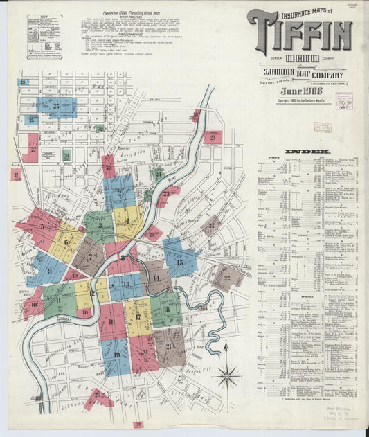 Sanborn Fire Insurance Map from Tiffin, Seneca County, Ohio (1908), Sheet #0001 - Historic Sanborn Fire Insurance Map Print, vintage old map wall art, antique decor, genealogy gift, Ohio Ohio map
