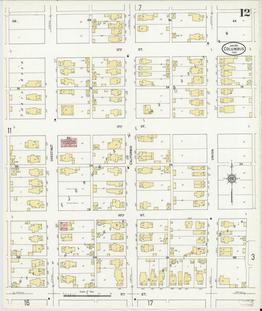 Sanborn Fire Insurance Map from Columbus, Bartholomew County, Indiana (1912), Sheet #0012 - Historic Sanborn Fire Insurance Map Print, vintage old map wall art, antique decor, genealogy gift, Indiana Indiana map