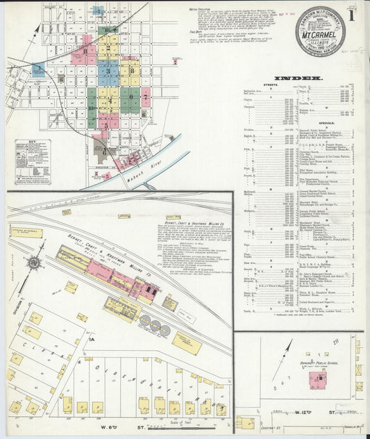 Sanborn Fire Insurance Map from Mount Carmel, Wabash County, Illinois (1910), Sheet #0001 - Historic Sanborn Fire Insurance Map Print, vintage old map wall art, antique decor, genealogy gift, Illinois Illinois map