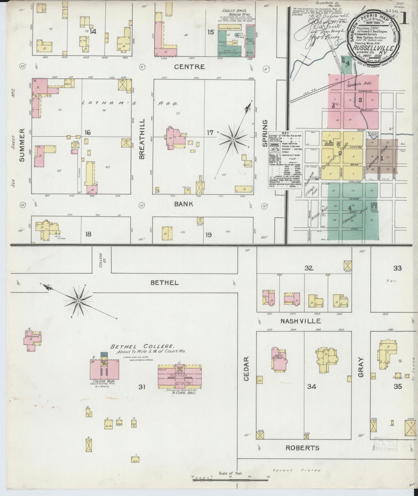 Sanborn Fire Insurance Map from Russellville, Logan County, Kentucky (1892), Sheet #0001 - Historic Sanborn Fire Insurance Map Print, vintage old map wall art, antique decor, genealogy gift, Kentucky Kentucky map