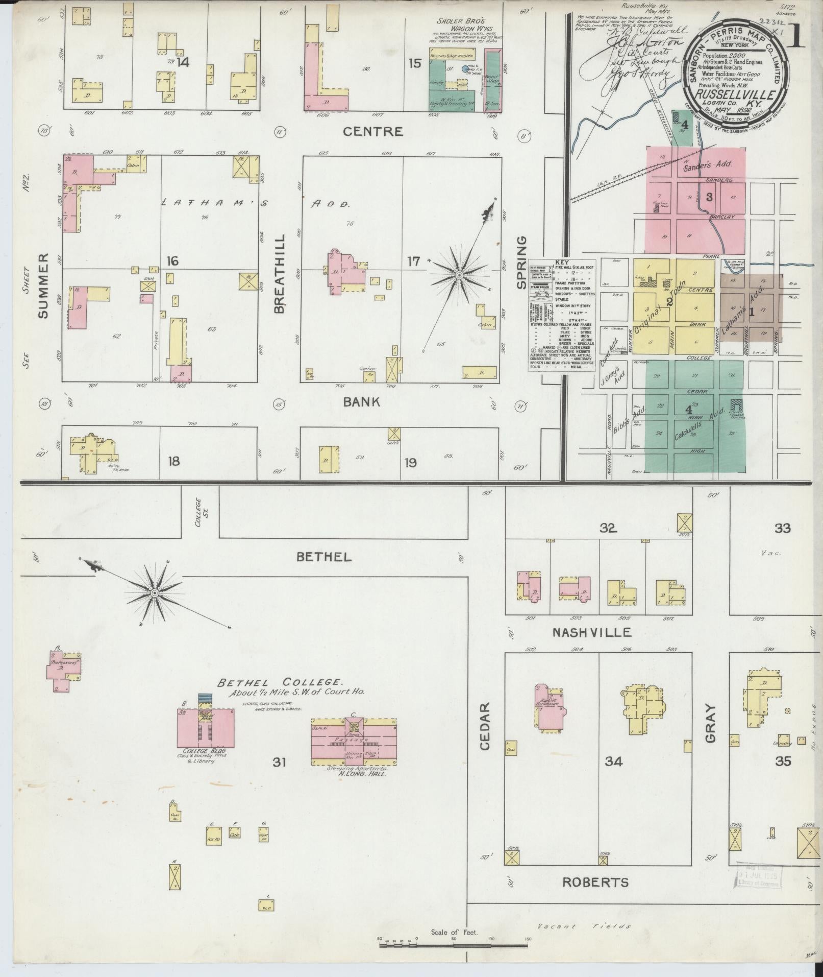 Sanborn Fire Insurance Map from Russellville, Logan County, Kentucky (1892), Sheet #0001 - Historic Sanborn Fire Insurance Map Print, vintage old map wall art, antique decor, genealogy gift, Kentucky Kentucky map