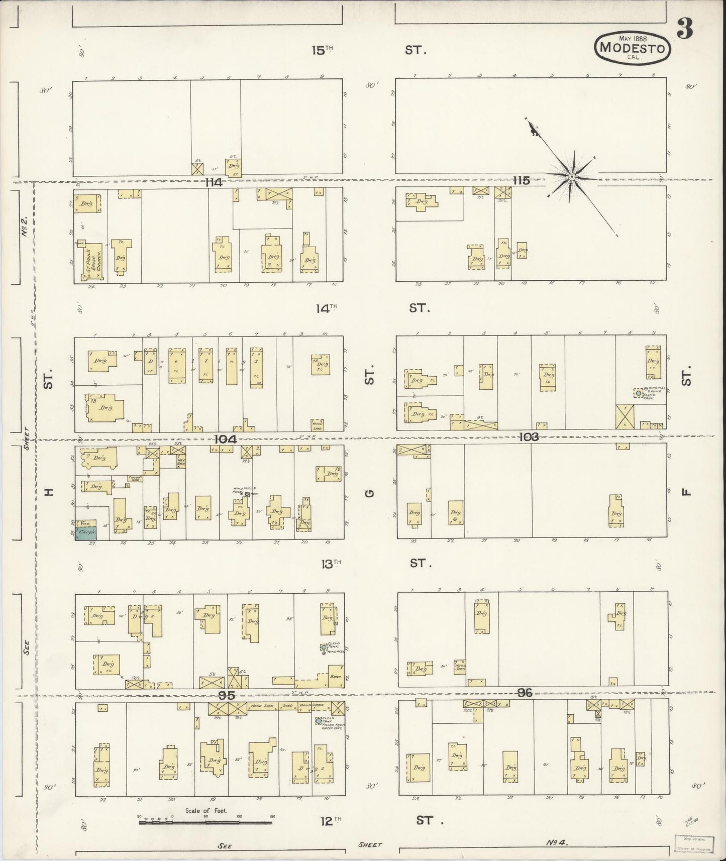 Sanborn Fire Insurance Map from Modesto, Stanislaus County, California (1888), Sheet #0003 - Complete Map Set gallery image, historic Sanborn map, vintage wall art, California California