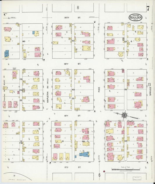Sanborn Fire Insurance Map from Boulder, Boulder County, Colorado (1918), Sheet #0007 - Historic Sanborn Fire Insurance Map Print, vintage old map wall art, antique decor, genealogy gift, Colorado Colorado map
