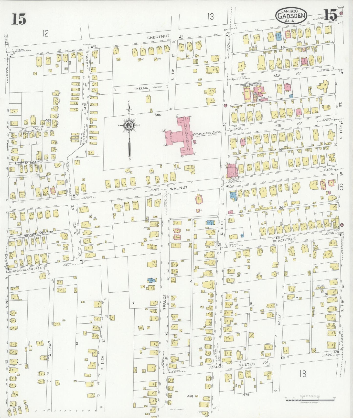 Sanborn Fire Insurance Map from Gadsden, Etowah County, Alabama (1930), Sheet #0015 - Complete Map Set gallery image, historic Sanborn map, vintage wall art, Alabama Alabama