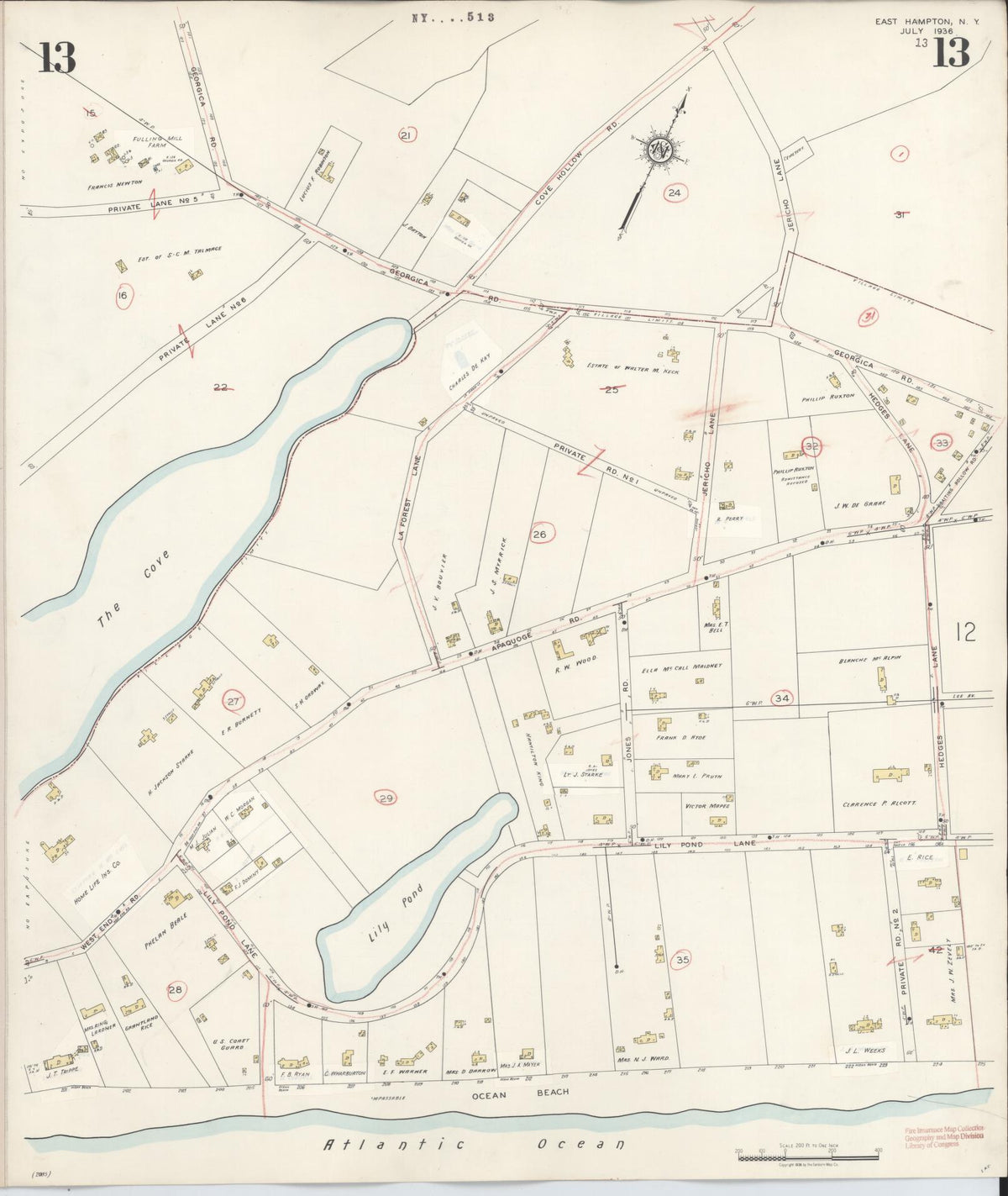 Sanborn Fire Insurance Map from Easthampton, Suffolk County, New York (1943), Sheet #0013 - Historic Sanborn Fire Insurance Map Print, vintage old map wall art, antique decor, genealogy gift, New York New York map