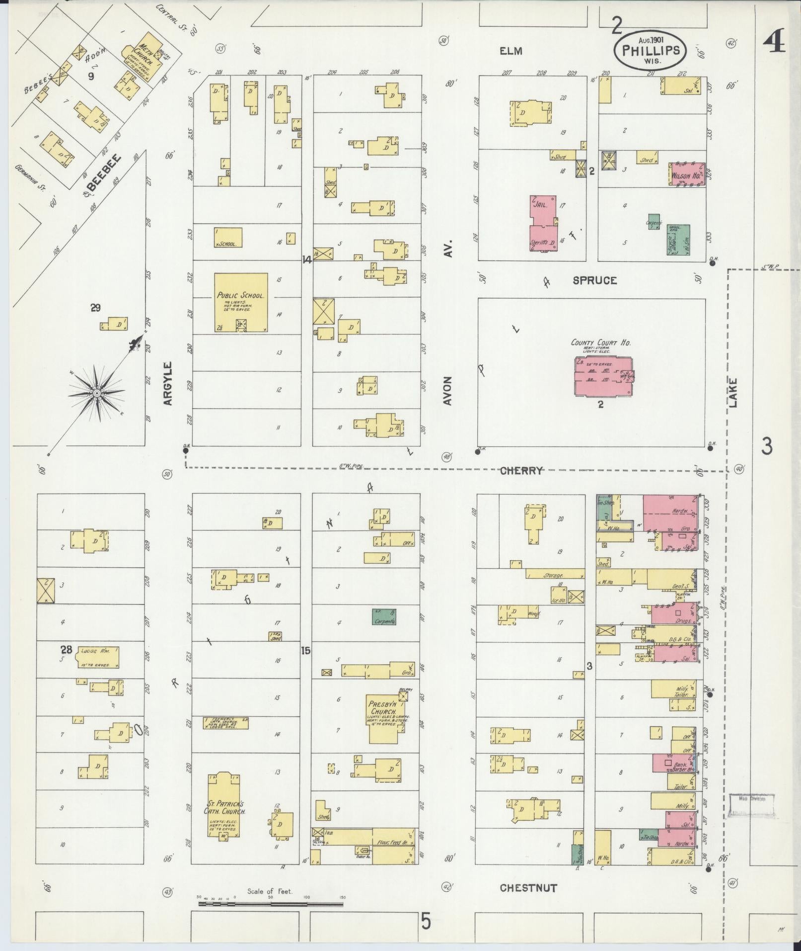 Sanborn Fire Insurance Map from Phillips, Price County, Wisconsin (1901), Sheet #0004 - Complete Map Set gallery image, historic Sanborn map, vintage wall art, Wisconsin Wisconsin