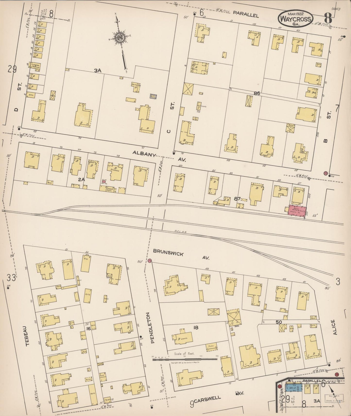 Sanborn Fire Insurance Map from Waycross, Ware County, Georgia (1922), Sheet #0008 - Historic Sanborn Fire Insurance Map Print, vintage old map wall art, antique decor, genealogy gift, Georgia Georgia map