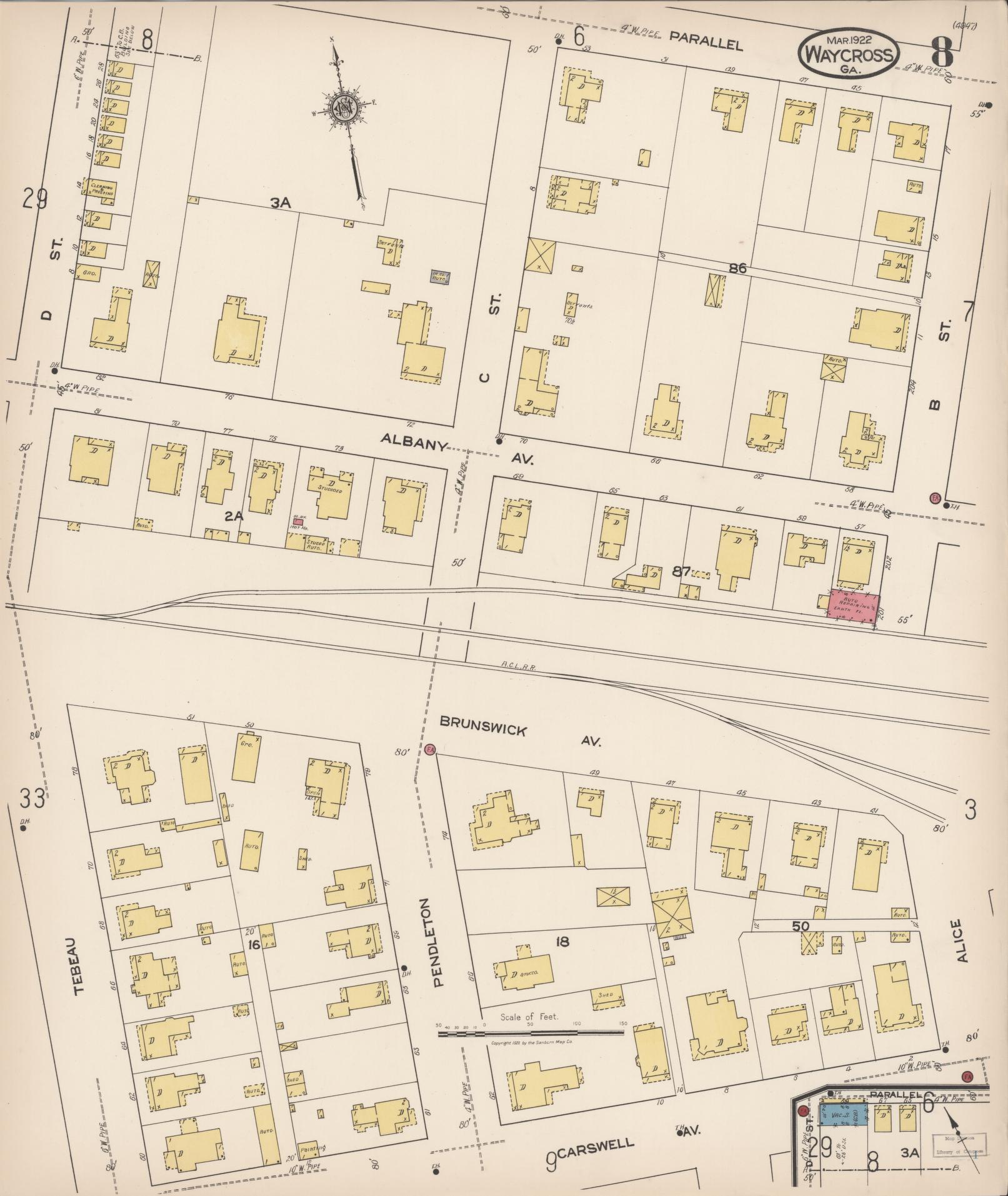 Sanborn Fire Insurance Map from Waycross, Ware County, Georgia (1922), Sheet #0008 - Historic Sanborn Fire Insurance Map Print, vintage old map wall art, antique decor, genealogy gift, Georgia Georgia map