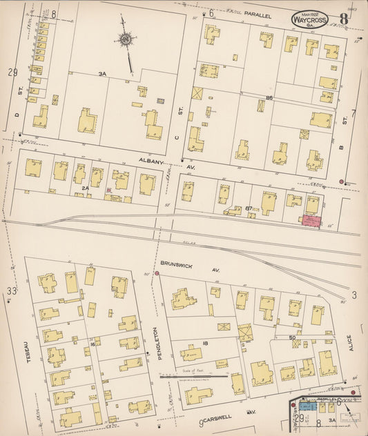 Sanborn Fire Insurance Map from Waycross, Ware County, Georgia (1922), Sheet #0008 - Historic Sanborn Fire Insurance Map Print, vintage old map wall art, antique decor, genealogy gift, Georgia Georgia map