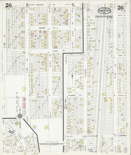 Sanborn Fire Insurance Map from Ponca City, Kay County, Oklahoma (1925), Sheet #0026 - Historic Sanborn Fire Insurance Map Print, vintage old map wall art, antique decor, genealogy gift, Oklahoma Oklahoma map