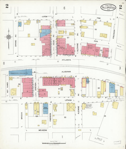 Sanborn Fire Insurance Map from Tallapoosa, Haralson County, Georgia (1923), Sheet #0002 - Historic Sanborn Fire Insurance Map Print, vintage old map wall art, antique decor, genealogy gift, Georgia Georgia map