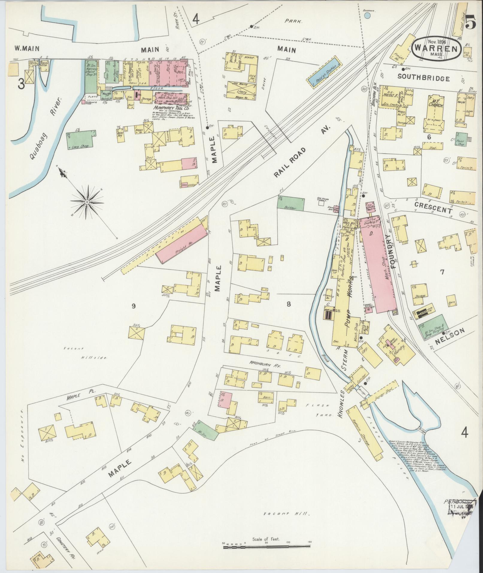 Sanborn Fire Insurance Map from Warren, Worcester County, Massachusetts (1896), Sheet #0005 - Complete Map Set gallery image, historic Sanborn map, vintage wall art, Massachusetts Massachusetts