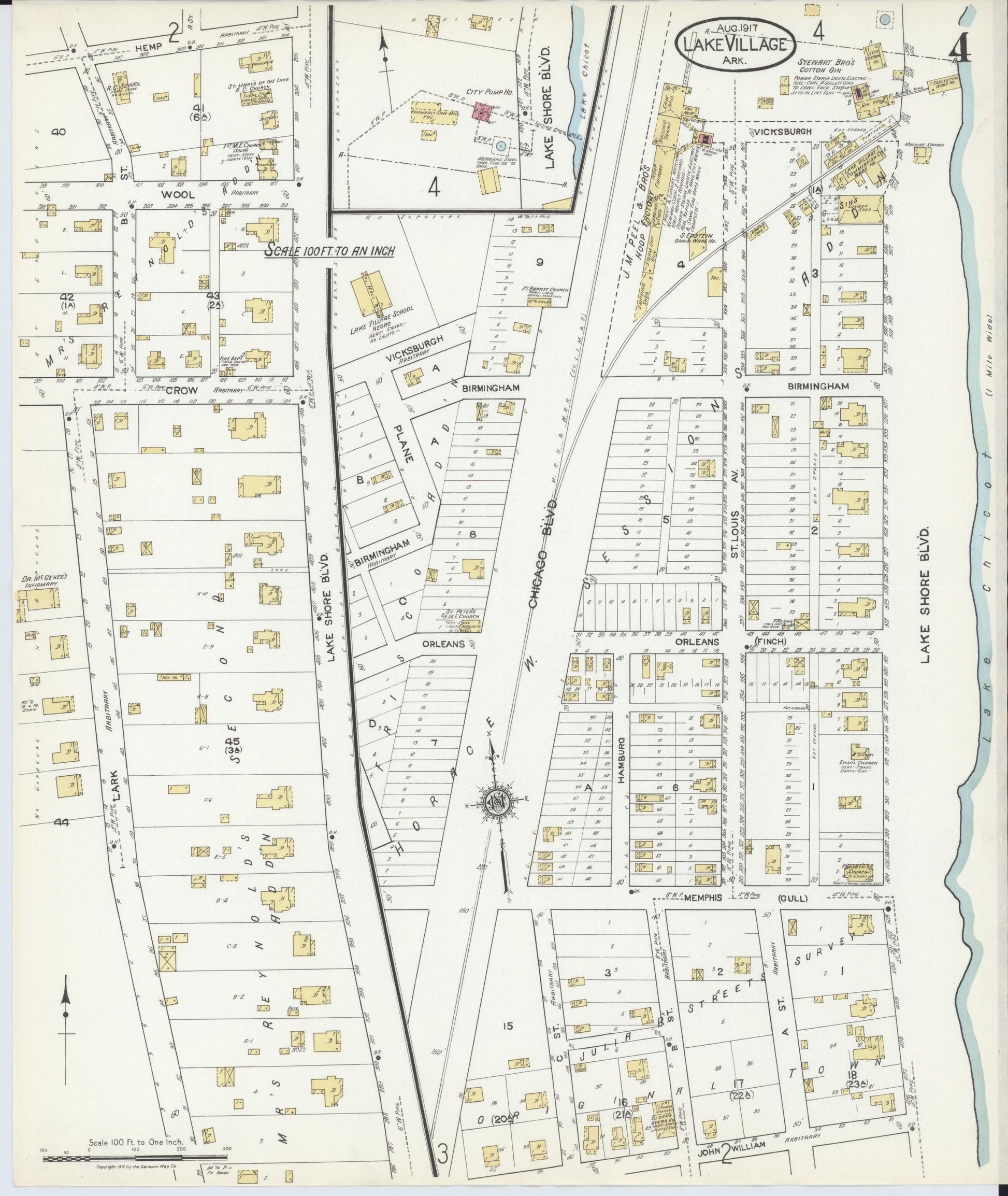 Sanborn Fire Insurance Map from Lake Village, Chicot County, Arkansas (1917), Sheet #0004 - Complete Map Set gallery image, historic Sanborn map, vintage wall art, Arkansas Arkansas