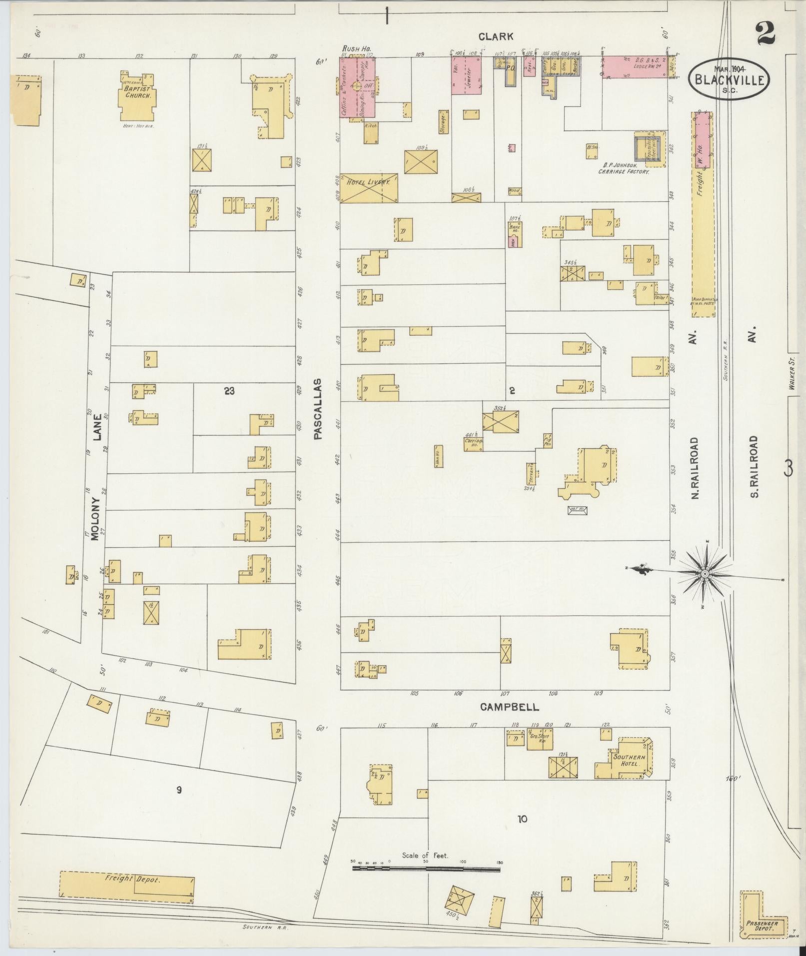 Sanborn Fire Insurance Map from Blackville, Barnwell County, South Carolina (1904), Sheet #0002 - Historic Sanborn Fire Insurance Map Print, vintage old map wall art, antique decor, genealogy gift, South Carolina South Carolina map