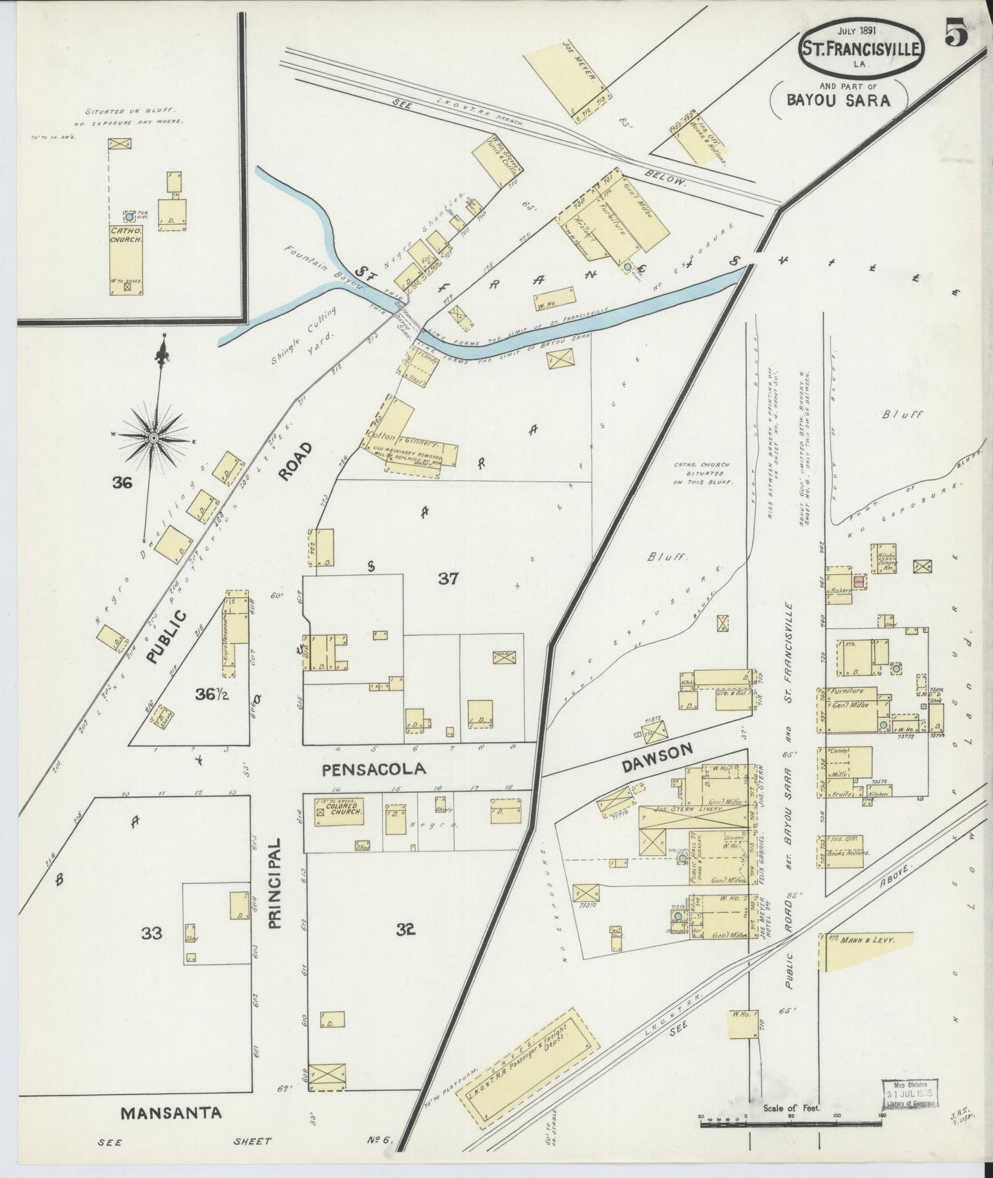 Sanborn Fire Insurance Map from Bayou Sara, West Feliciana Parish, Louisiana (1891), Sheet #0005 - Historic Sanborn Fire Insurance Map Print, vintage old map wall art, antique decor, genealogy gift, Louisiana Louisiana map